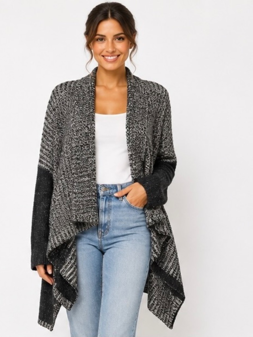 GAP Large 100% Lambswool Black Gray Marled Waterfall Open Cardigan